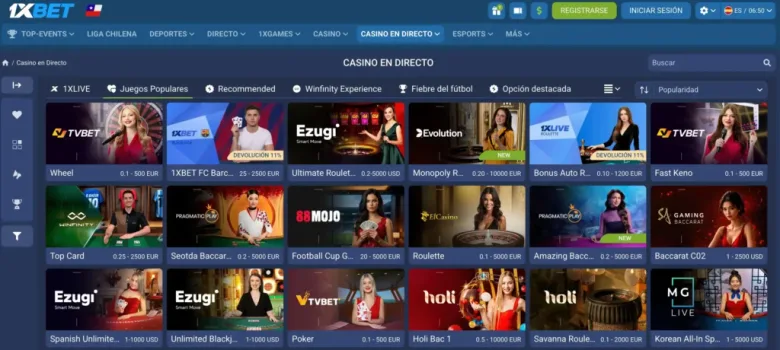 Sala de casino en directo del espejo: cuadrícula de mesas con crupier de proveedores como Evolution, Ezugi, TVBet y Pragmatic Play