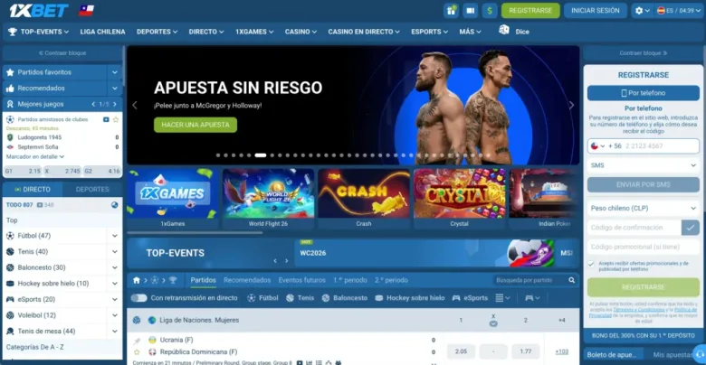Portada del espejo de 1xBet Chile: banner de pelea de MMA, fila de juegos 1xGames y listado de eventos deportivos en directo