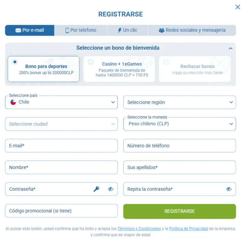 Formulario de registro del espejo con cuatro pestañas de alta, país Chile y moneda peso chileno seleccionados