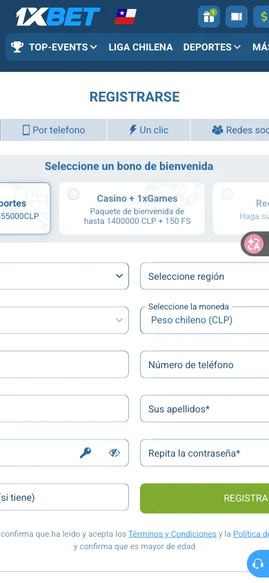 Formulario de registro con título REGISTRARSE, bandera de Chile, pestañas Por teléfono / Un clic / Redes sociales, selector de bono y campos de región, moneda peso chileno, teléfono, apellidos y contraseña