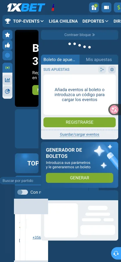 Interfaz de apuestas deportivas con barra superior TOP-EVENTS, LIGA CHILENA y DEPORTES, panel Boleto de apuestas / Mis apuestas a la derecha, bloque Generador de boletos y buscador por partido